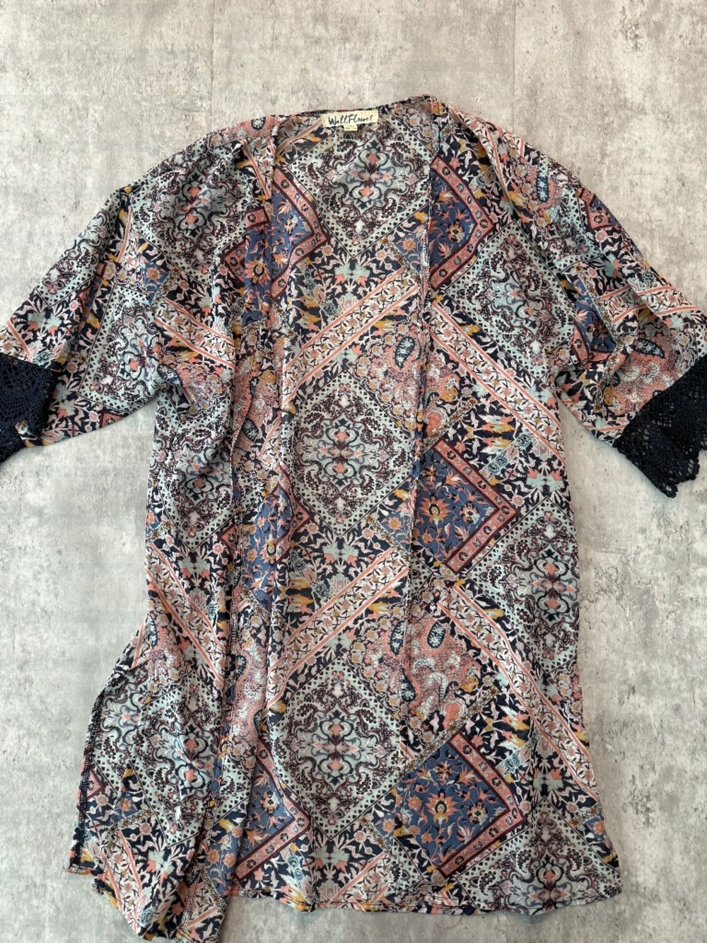 Sheer Floral Kimono With Lace Trimmed Sleeves Beach Cover Blue XS